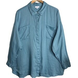 J Jill Love Linen Button Up Shirt Womens XL Blue Beachy Coastal